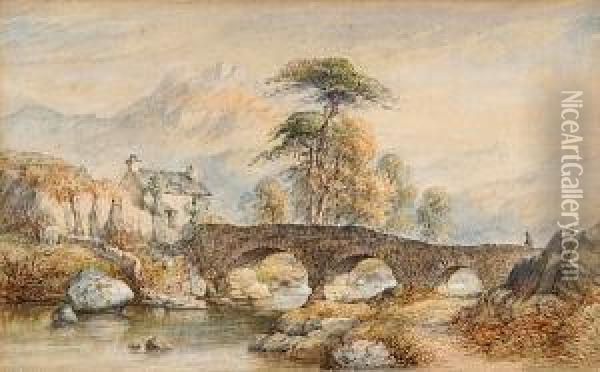 River Landscape With Stone Bridge Oil Painting - Cornelius Pearson