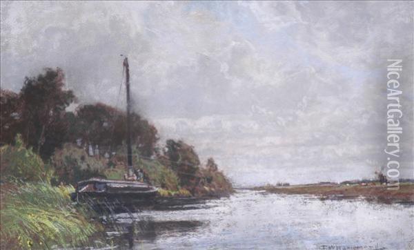 Abroadland Scene, With Sailing Barge, Windmill And Cattle Oil Painting - Thomas William Hammond