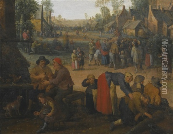 A Village Scene With Numerous Peasants And A Travelling Merchant Oil Painting - Cornelis Droochsloot