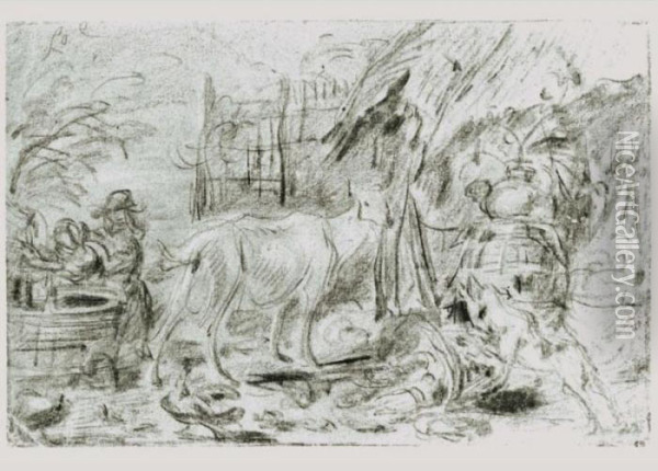 A Farmyard Scene With Children, A Goat And A Dog By A Well Oil Painting - Jan Fyt