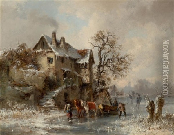 Winter Landscape With Ice Skaters Oil Painting - Adolf Heinrich Lier