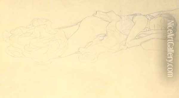 Auf dem Bauch liegender Halbakt nach rechts, den Kopf auf den Oberarm gelegt Oil Painting - Gustav Klimt