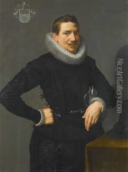 Portrait Of A Gentleman, Half Length, Standing Beside A Table With His Left Arm Resting On A Sword Oil Painting - Frans Pourbus the younger