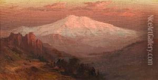 Mt. Shasta With An Indian Camp On A Ridge Below Oil Painting - Arthur William Best