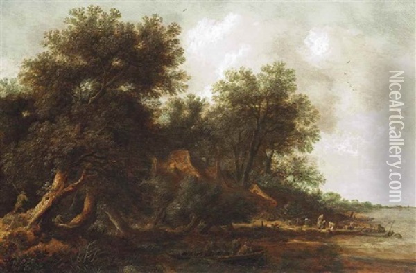 A Wooded River Landscape With Fishermen On Boats And Other Figures Oil Painting - Pieter De Molijn
