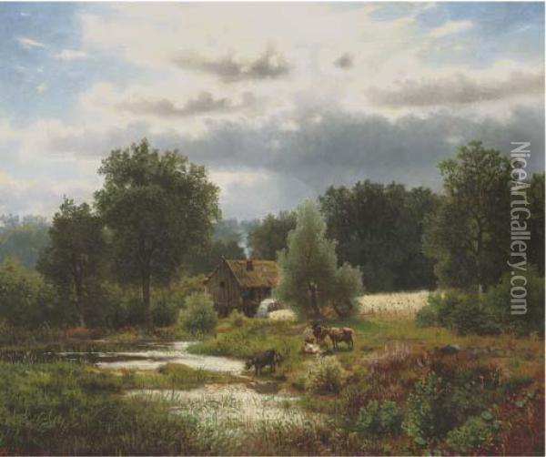 Cattle By A Watermill Oil Painting - Herman Herzog