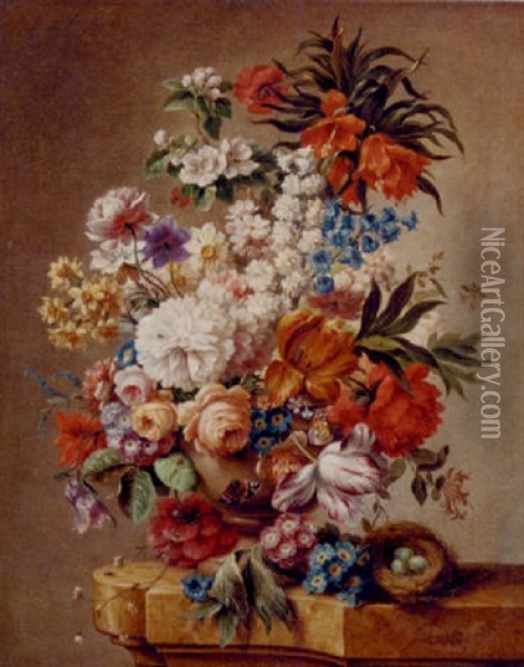A Floral Still Life With A Nest On A Ledge Oil Painting - Jan van Os