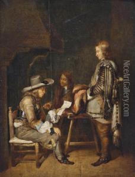 Ter Borch; And After Pieter Cornelisz. Van Slingelandt Guardsmen Reading A Letter In An Interior Oil Painting - Gerard Terborch