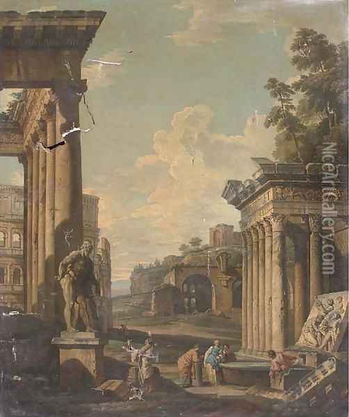 A capriccio of classical architecture with figures by a fountain Oil Painting - Giovanni Paolo Panini