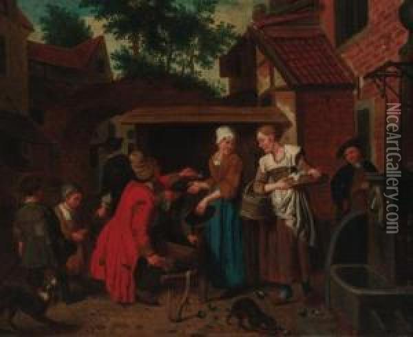 Townsfolk Buying Mussels In A Courtyard Oil Painting - Jan Josef, the Elder Horemans