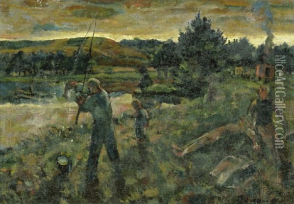 Angler In Der Morgendammerung Oil Painting - Erich Buettner