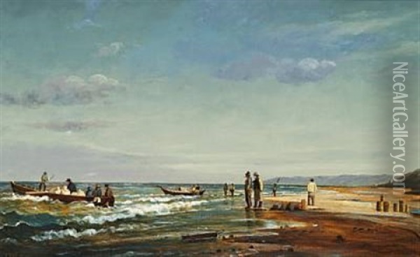 Fishermen On The Beach Under A Blue Sky Oil Painting - Peter (Johann P.) Raadsig