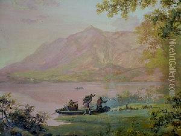 Figures By The Shores Of A Highland Loch Oil Painting - John Laporte