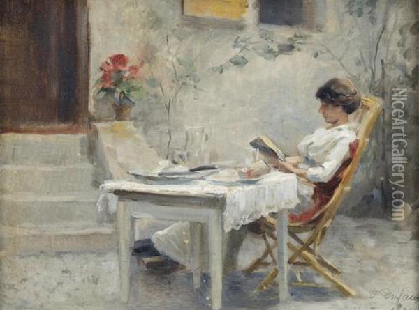 Lesende Dame Auf Einer Terrasse. Oil Painting - Frederic Dufaux