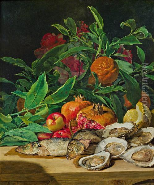 Stillleben Mit Austern, Fischen Und Sudfruchten Oil Painting - Ferdinand Georg Waldmuller
