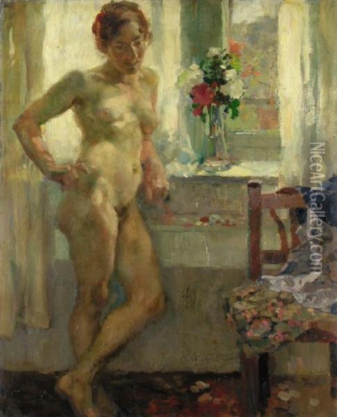 Weiblicher Akt Und Blumenstrauss Oil Painting - Paul Paede
