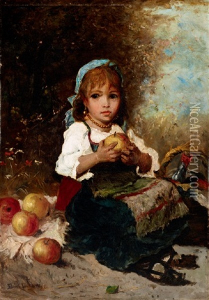 Girl With Apples Oil Painting - Lajos Bruck