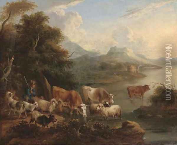 A river landscape with a shepherd, his flock and other cattle on the bank Oil Painting - Dirck Van Bergen