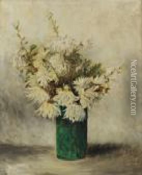 Bouquet De Chrysanthemes Dans Un Vase En Verre Vert Oil Painting - Pierre Laprade