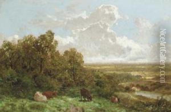 Cattle Grazing In A Landscape Oil Painting - James Peel