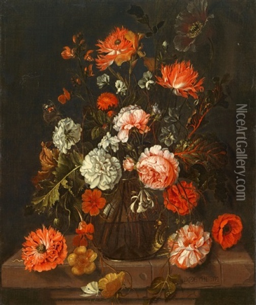 Still Life With Flowers In A Glass Vase Oil Painting - David Cornelisz Heem III