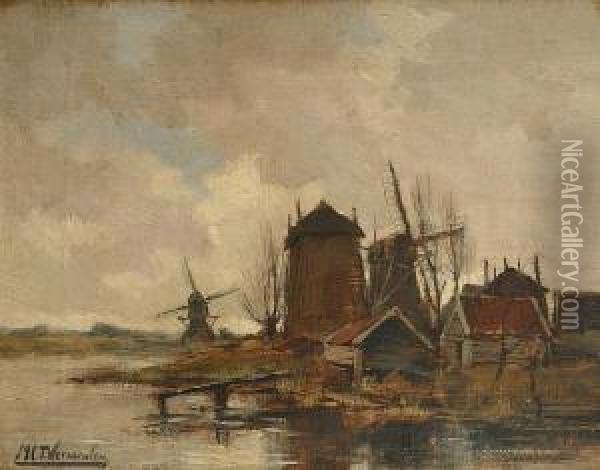 Dutch Windmills By A Lake Oil Painting - Marinus Cornelis Thomas Vermeulen