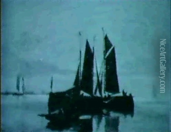 Ships In Moonlit Waters Oil Painting - Francois Carlebur II