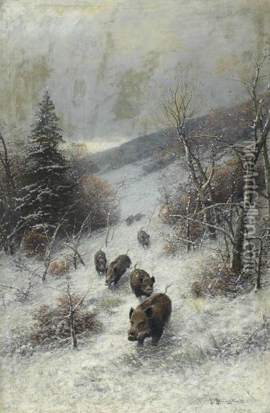 A Herd Of Boars Running Through The Woods In The Snow Oil Painting - Johann Jungblutt
