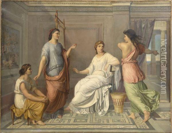 Classical Interior Scene With Four Women Oil Painting - Angelica Kauffmann