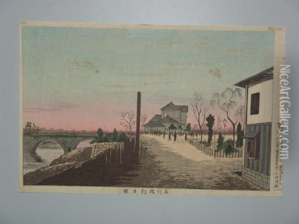 Le Pont Mandai A Asa Hinode Oil Painting - Kobayashi Kiyochika