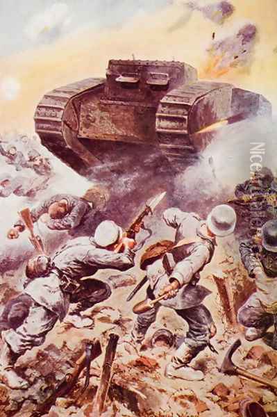 Tanks in Action, illustration from The Outline of History by H.G. Wells, Volume II, published in 1920 Oil Painting - Stanley L. Wood