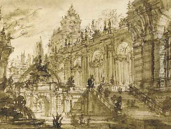 An architectural fantasy the entrance to a palace with a monumental staircase by a fountain Oil Painting - Giovanni Battista Piranesi