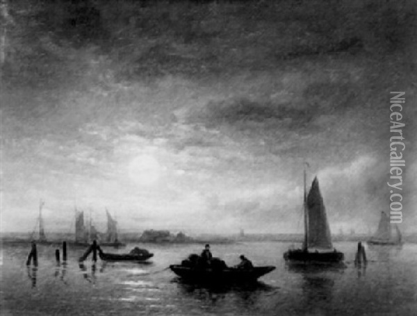 Moored Boats In A Moonlit Bay Oil Painting - Christiaan Immerzeel