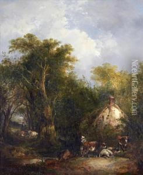 Figures By A Country Cottage Oil Painting - Richard Hilder