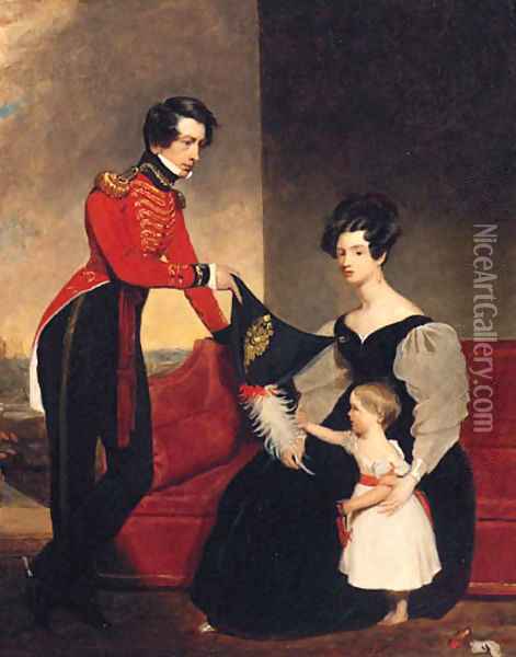 Group Portrait Of An Officer With His Wife And Daughte Oil Painting - Charles E. Ambrose