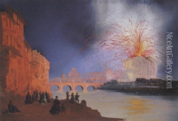 Roma, Fuochi D'artificio A Castel S. Angelo Oil Painting - Carlo Bossoli