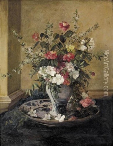 Blumenstillleben Mit Porzellanvase Und Teller Oil Painting - Jules Felix Ragot