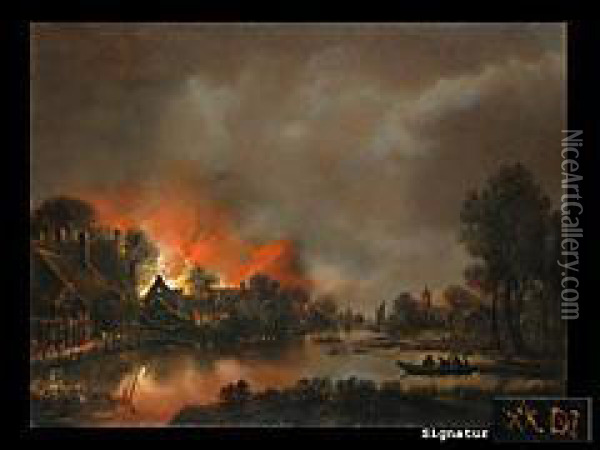 Nachtliche Kanallandschaft Mit Feuer In Einem Dorf Oil Painting - Aert van der Neer