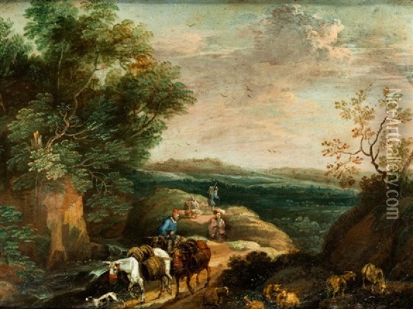Reisende In Einer Landschaft Mit Bach Und Schafen Oil Painting - Adriaen Frans Boudewyns the Elder