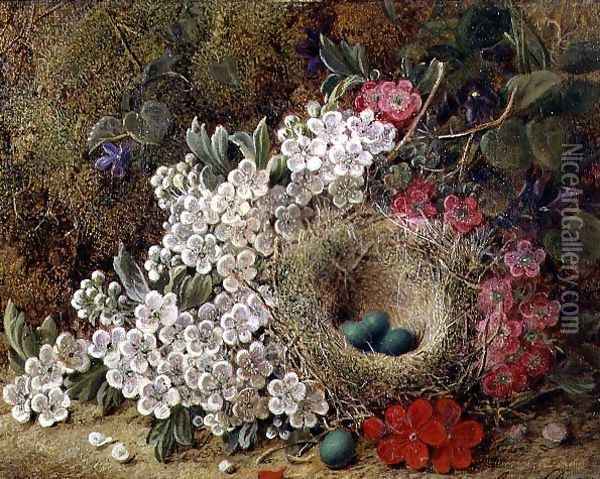 A bird's nest and blossom on a mossy bank Oil Painting - George Clare