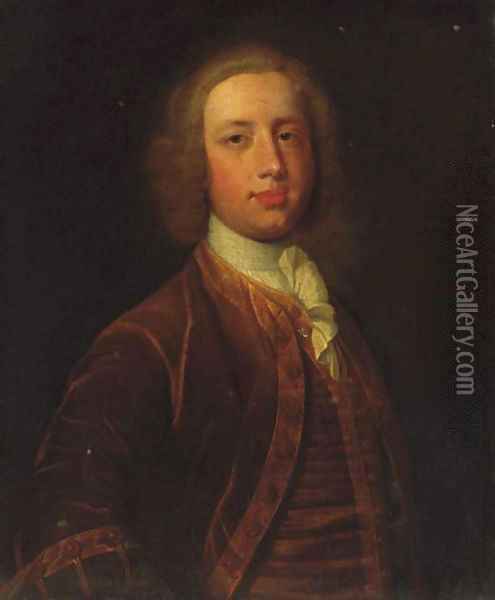 Portrait of a gentleman, half-length, in a brown coat and waistcoat and white stock Oil Painting - Michael Dahl