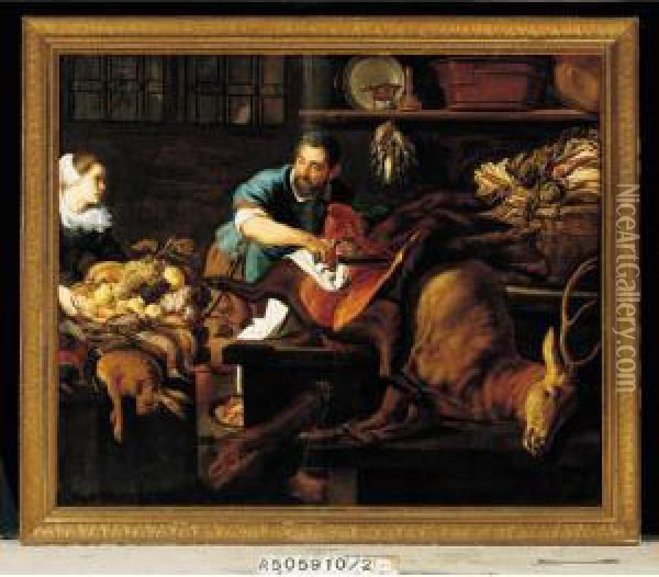 A Kitchen Still Life, With A Man-servant Paunching A Stag, Watched By A Maid Oil Painting - Adriaen van Utrecht