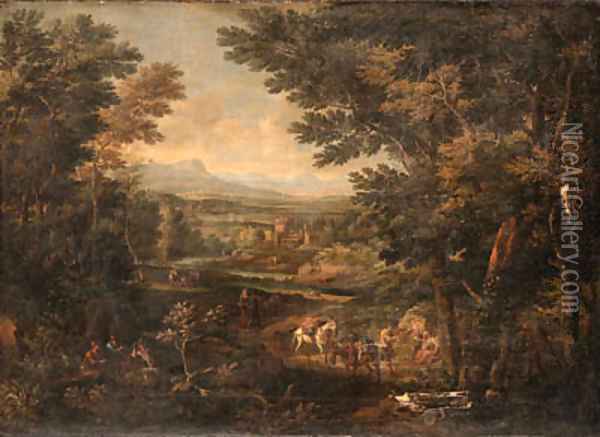 An extensive Italianate river Landscape with Travellers and Packmules on a Track, a Villa beyond Oil Painting - Christian Reder