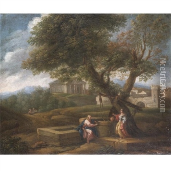 A Classical Landscape With Christ And The Woman Of Samaria Oil Painting - Jan Frans van Bloemen