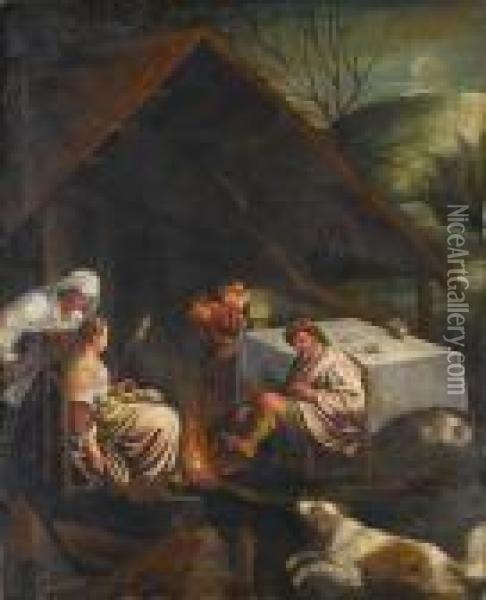 Peasants Round A Fire In A Nocturnallandscape Oil Painting - Jacopo Bassano (Jacopo da Ponte)