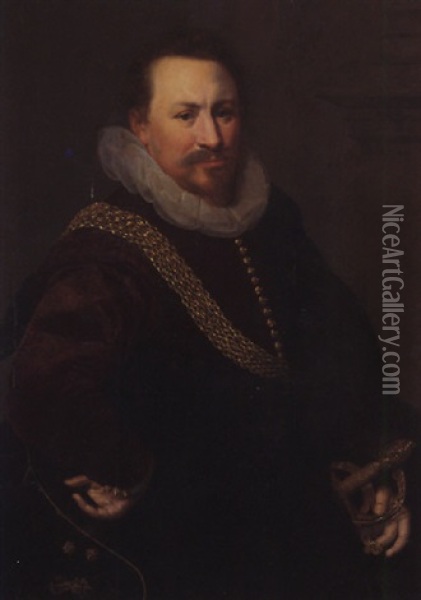 Portrait Of A Gentleman Wearing A Crimson Jacket, With A Black Mantle, Bearing A Sword At His Side Oil Painting - Gortzius Geldorp