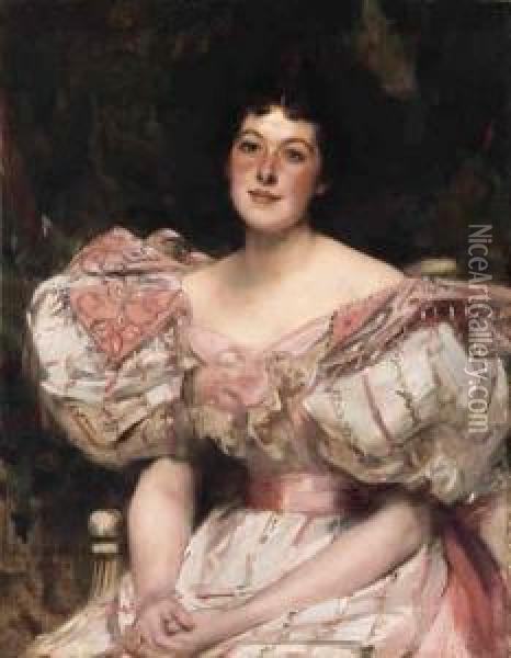 Portrait Of A Lady In A Pink And White Dress Oil Painting - James Jebusa Shannon