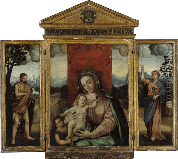 A Triptych Of The Virgin And Child With The Young Saint John The Baptist Oil Painting - Luis de Morales