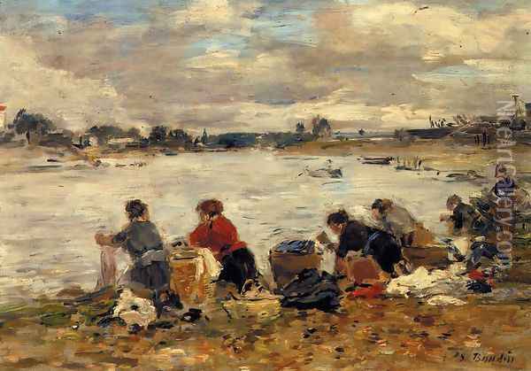 Laundresses on the Banks of the Touques VII Oil Painting - Eugene Boudin