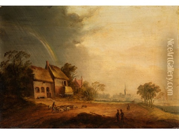 Landschaft Mit Regenbogen Oil Painting - Johann Matthias Ranftl
